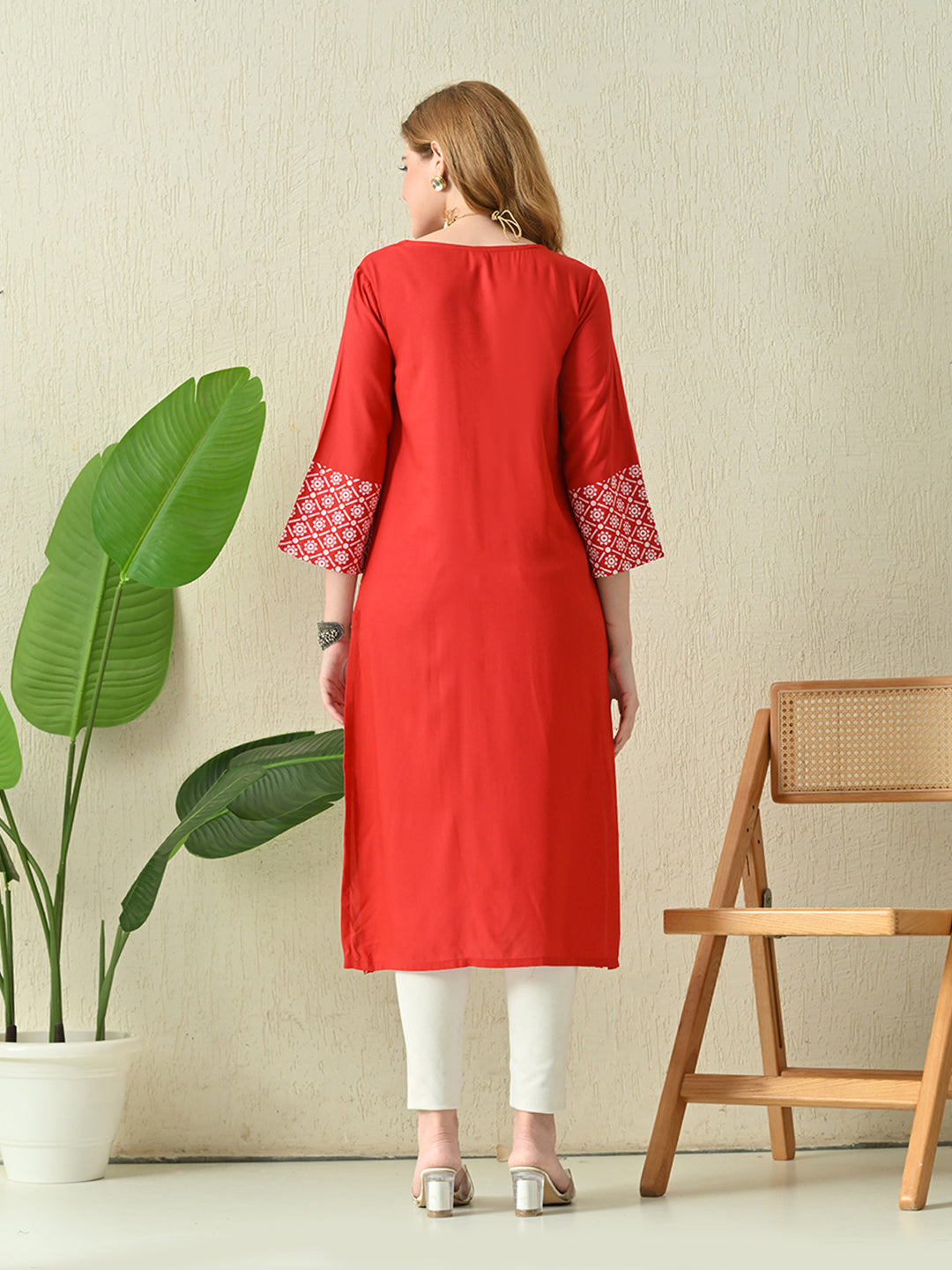 Scarlet Red Geometric Printed Rayon Kurta with Border Detailing