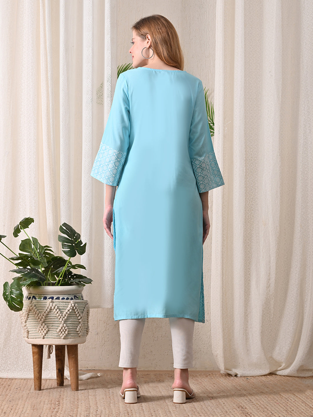Aqua Geometric Printed Rayon Kurta with Border Detailing