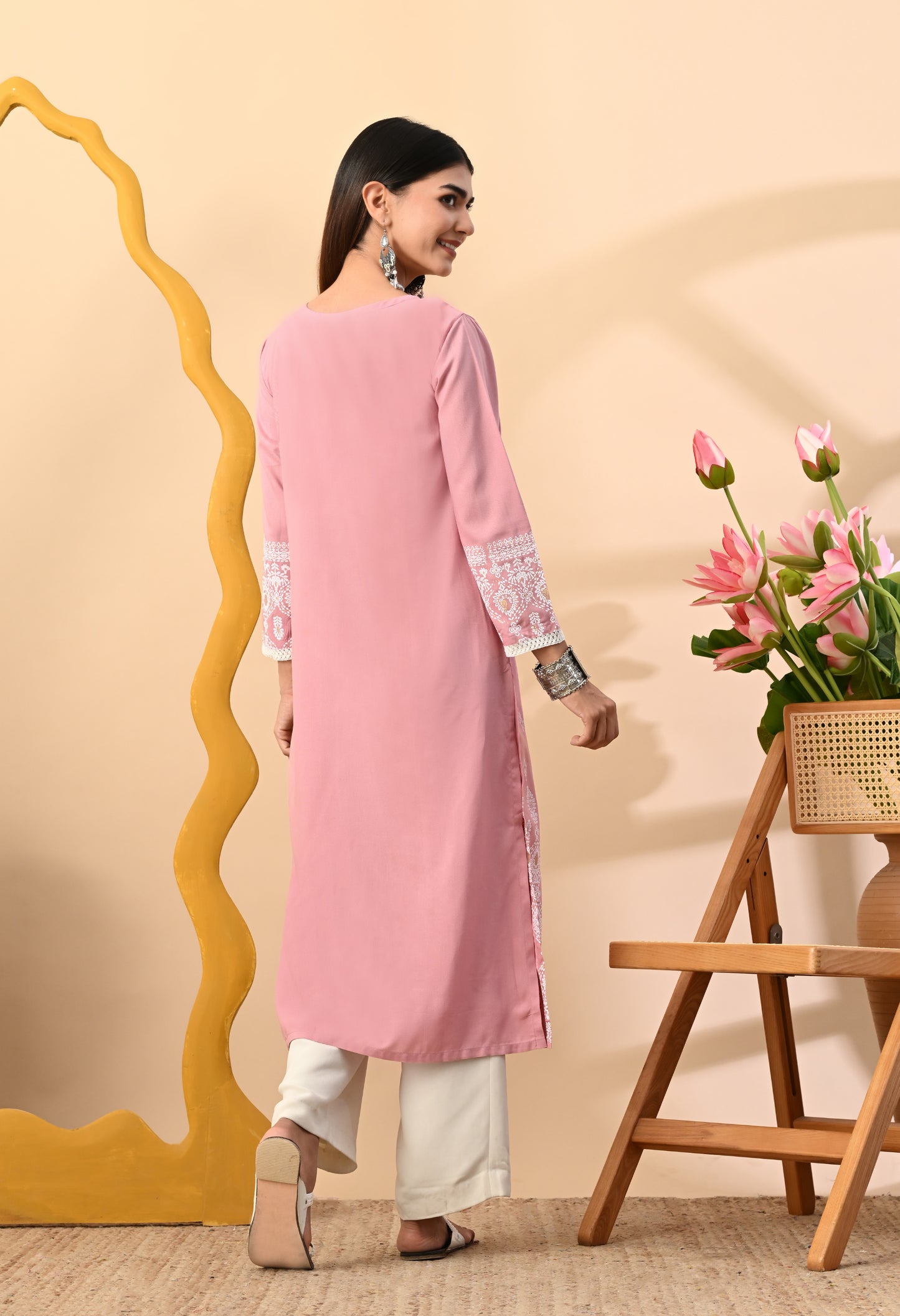 Baby Pink Elegant Floral Buti Printed Rayon Kurta with Sleeve Lace & Hem Border Detailing