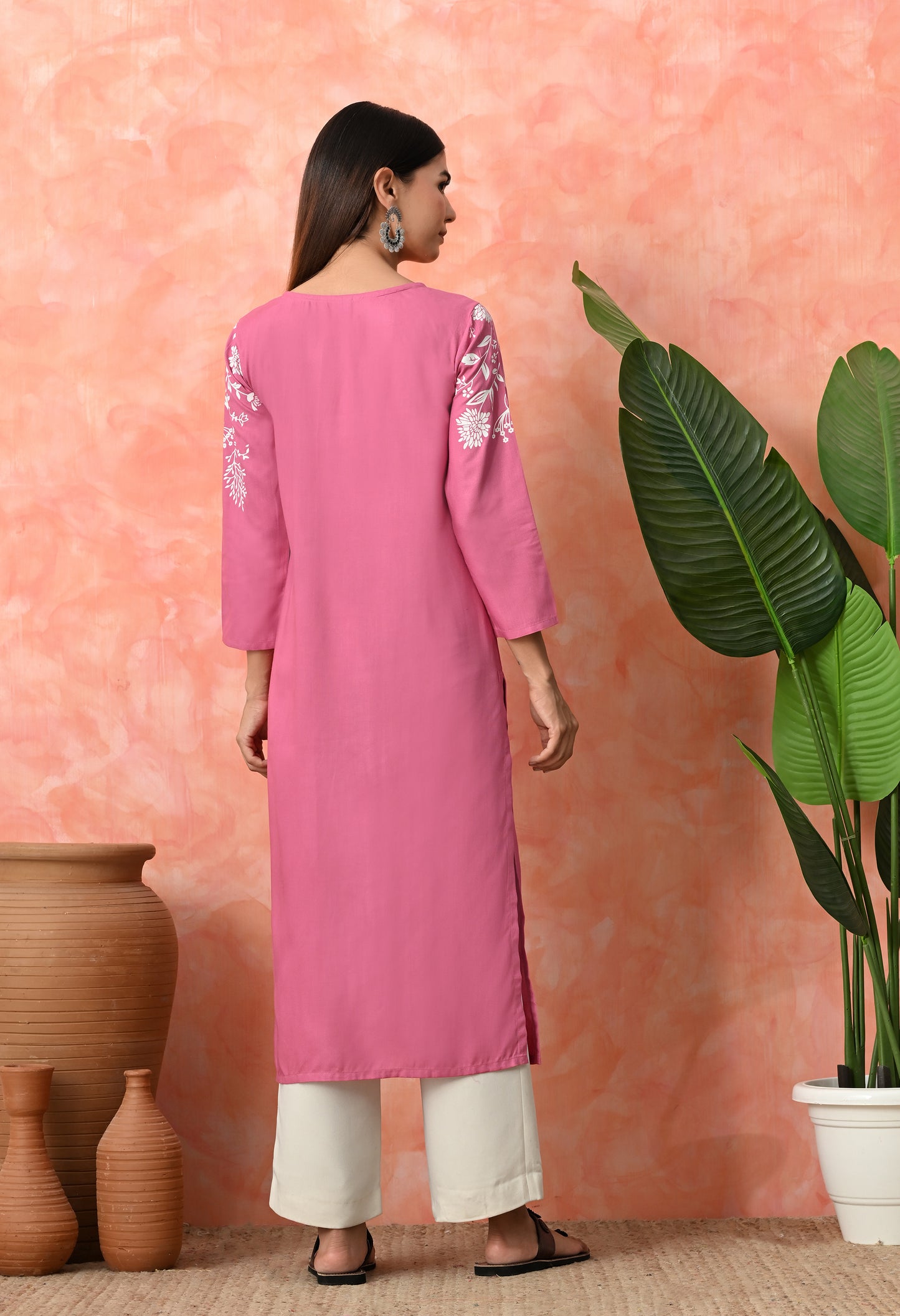 Berry Pink Floral Vine Printed Rayon Kurta with Elegant Button Placket Detailing