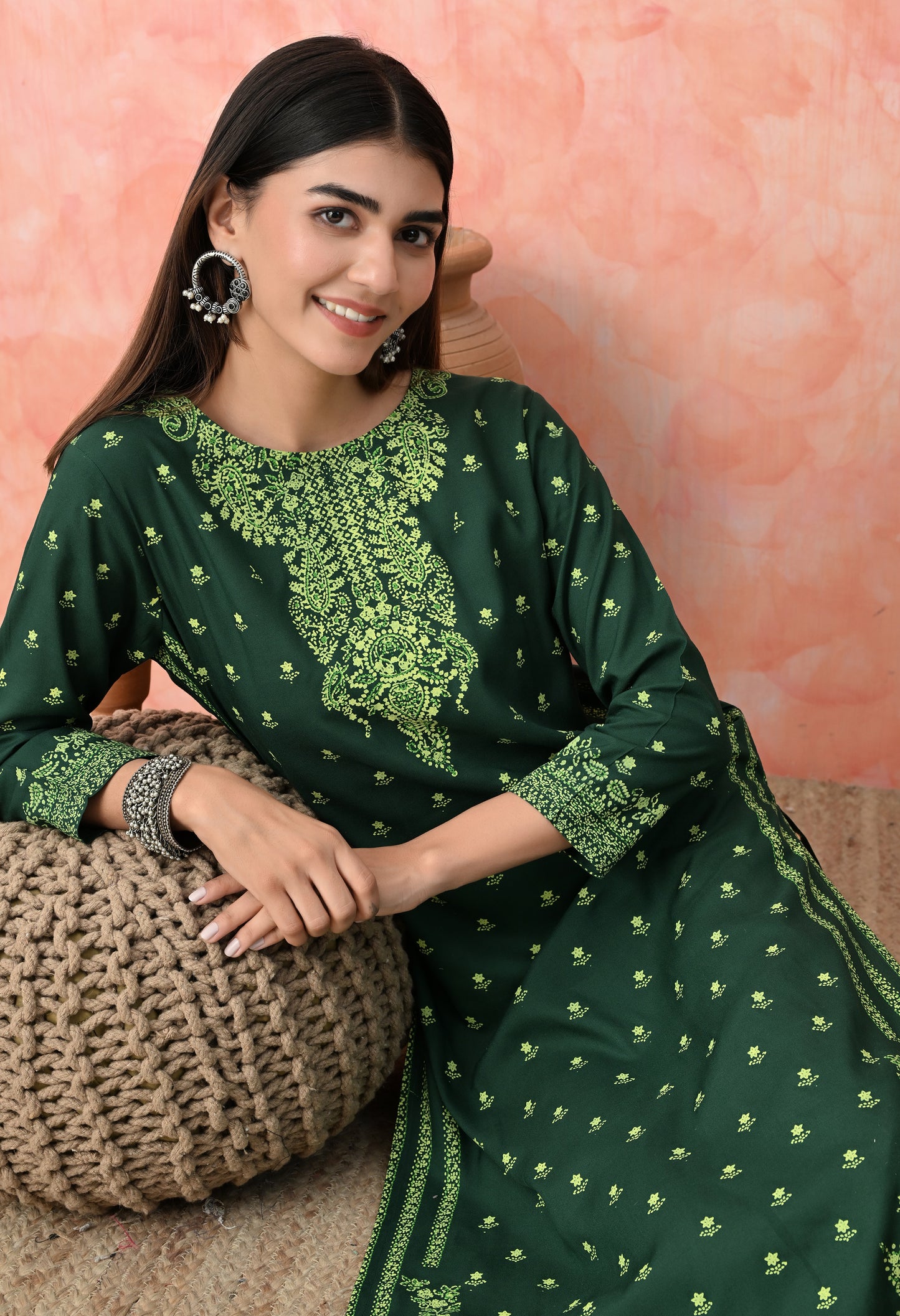 Bottle Green Buti Printed Rayon Kurta with Ornamental Yoke, Sleeve Border & Tassel Tie-Up Back Detailing
