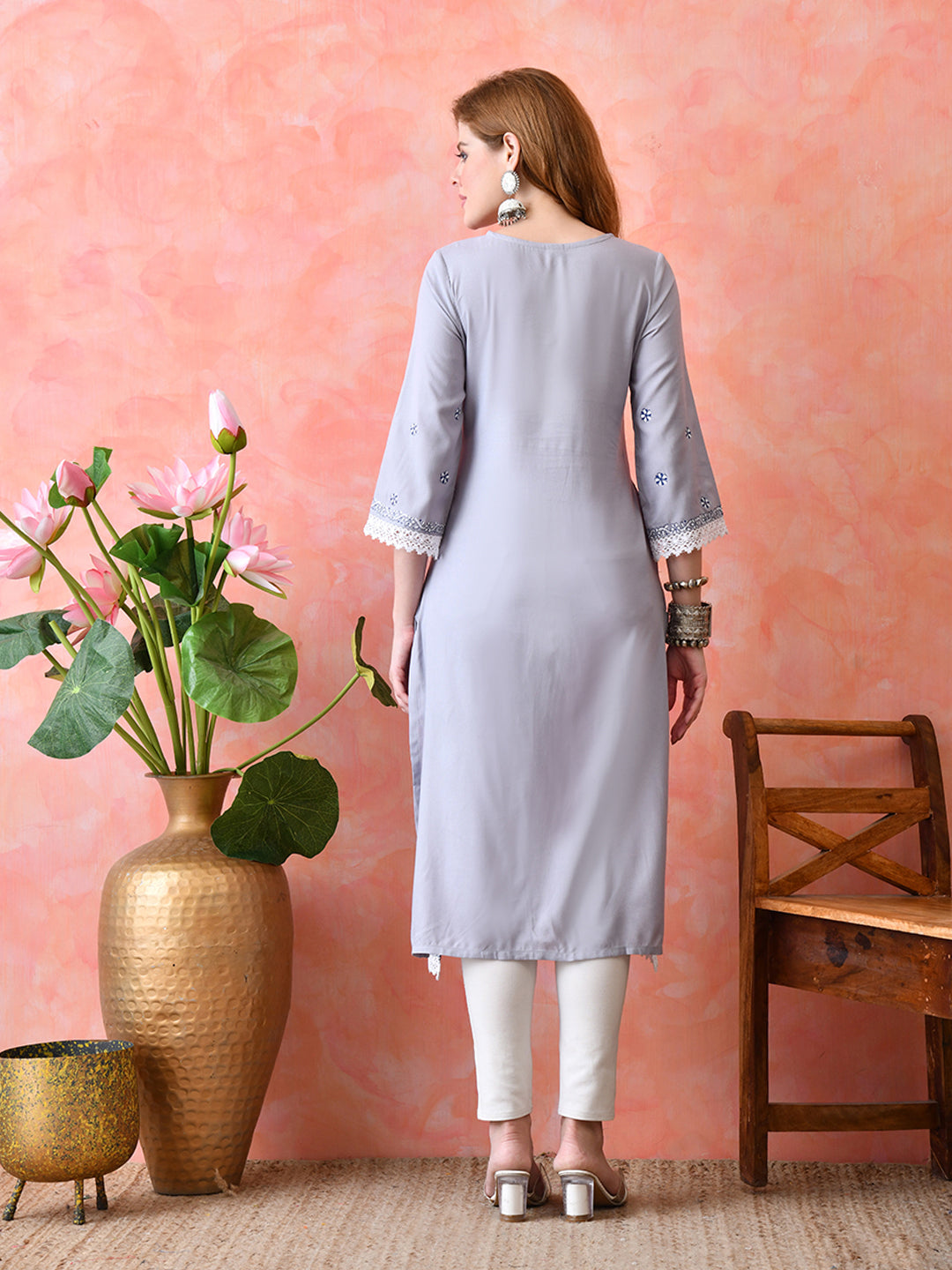 Lavender Grey Floral Printed Rayon Kurta with Lace & Border Detailing