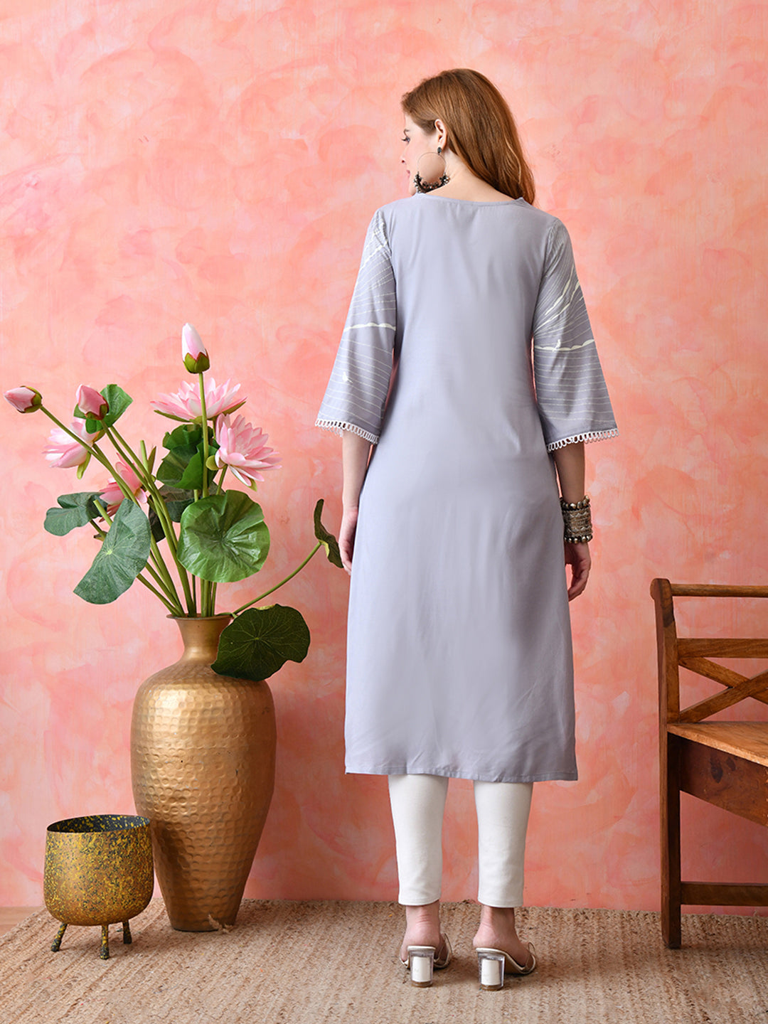 Dusty Lavender Abstract Printed Rayon Kurta with Lace Detailing
