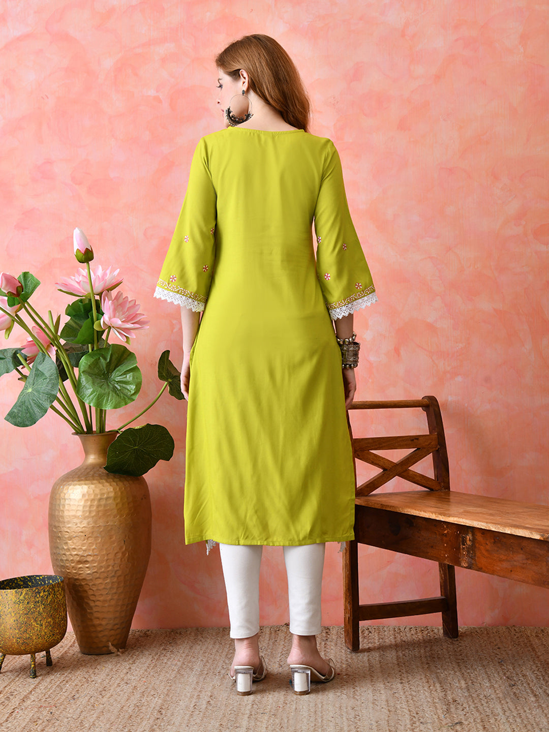 Bright Yellowish Green Floral Panel Printed Rayon Kurta with Lace & Border Detailing