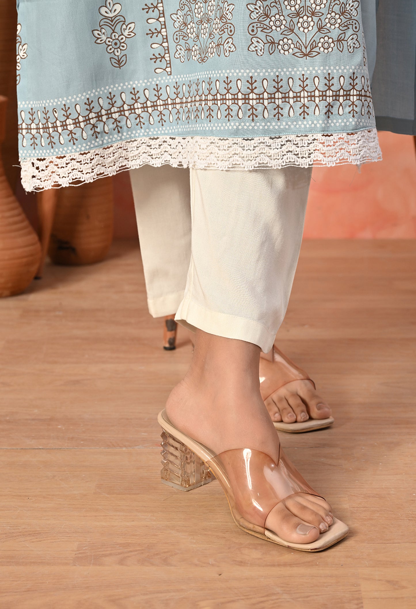 Mist Blue Floral Buti Printed Rayon Kurta with Ethnic Panel, Bell Sleeves & Lace Hem Detailing