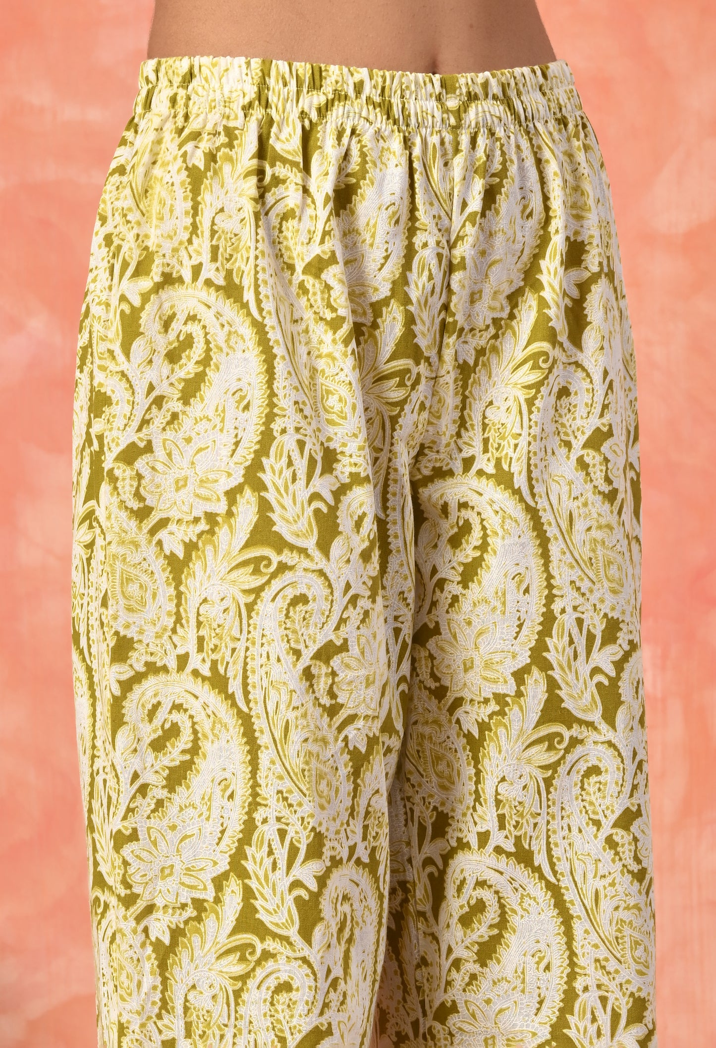 Golden Olive Heritage Paisley Rayon Kurta Set with V-Slit Neckline & Functional Side Pocket