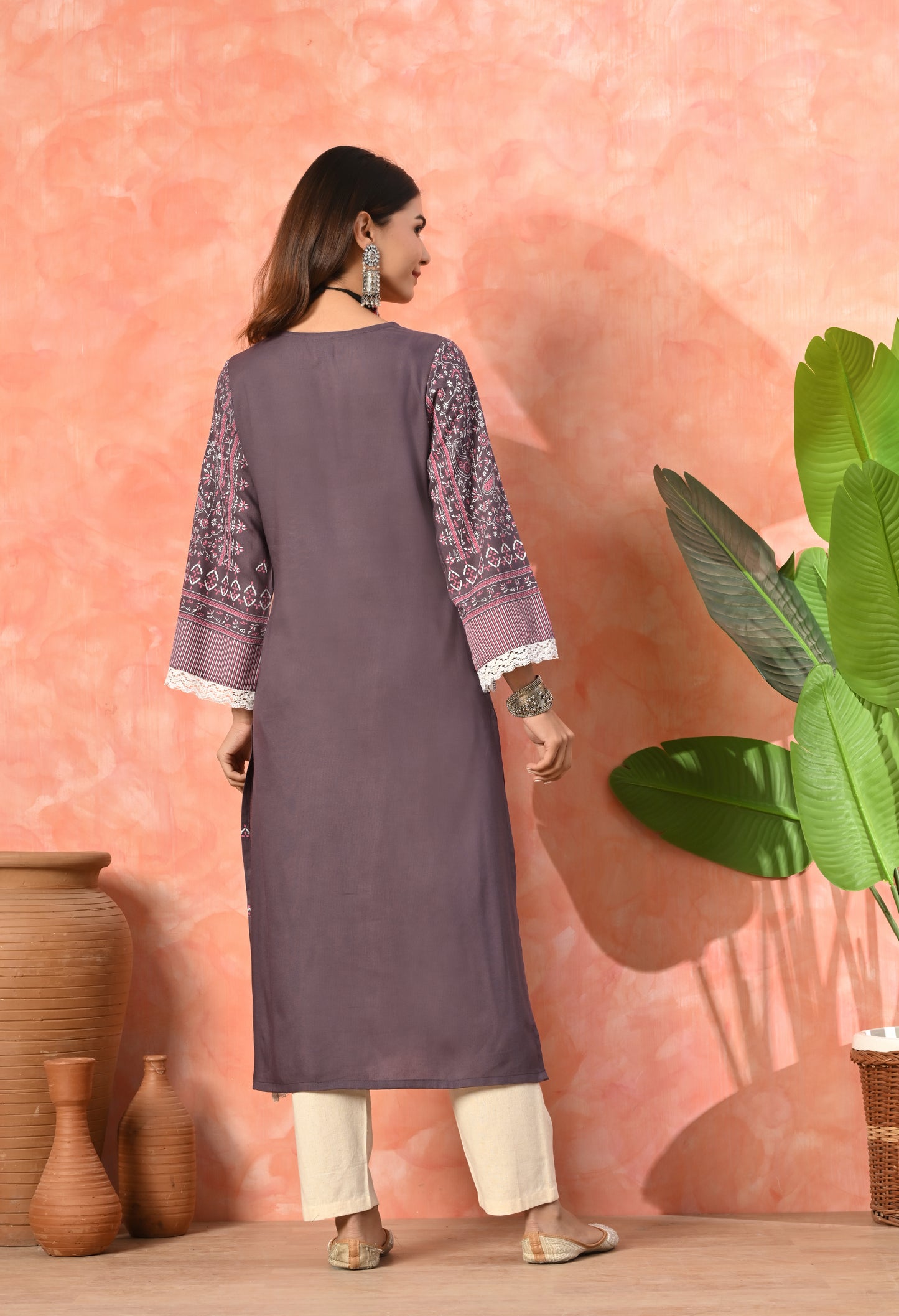Wine Purple Traditional Floral Printed Rayon Kurta with Border Design, Lace Detailing & Pocket