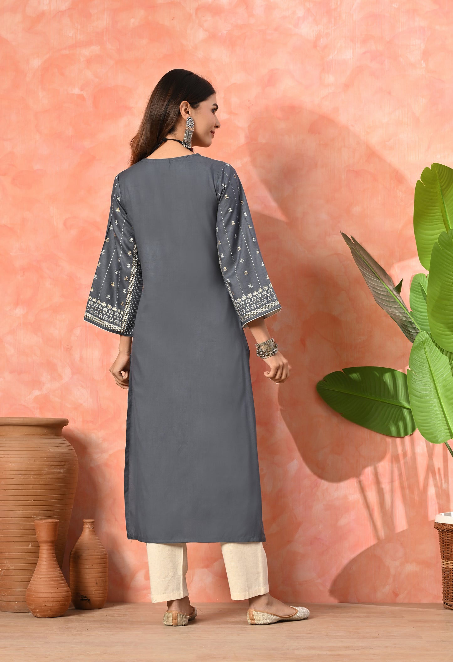Grey Traditional Panel Printed Rayon Kurta with Ethnic Border Detailing