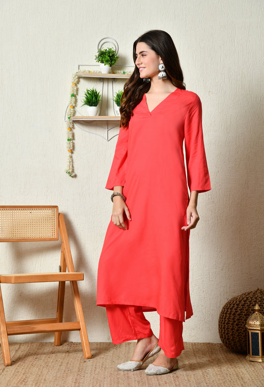 Flame Rose Solid Kurta Set | Red