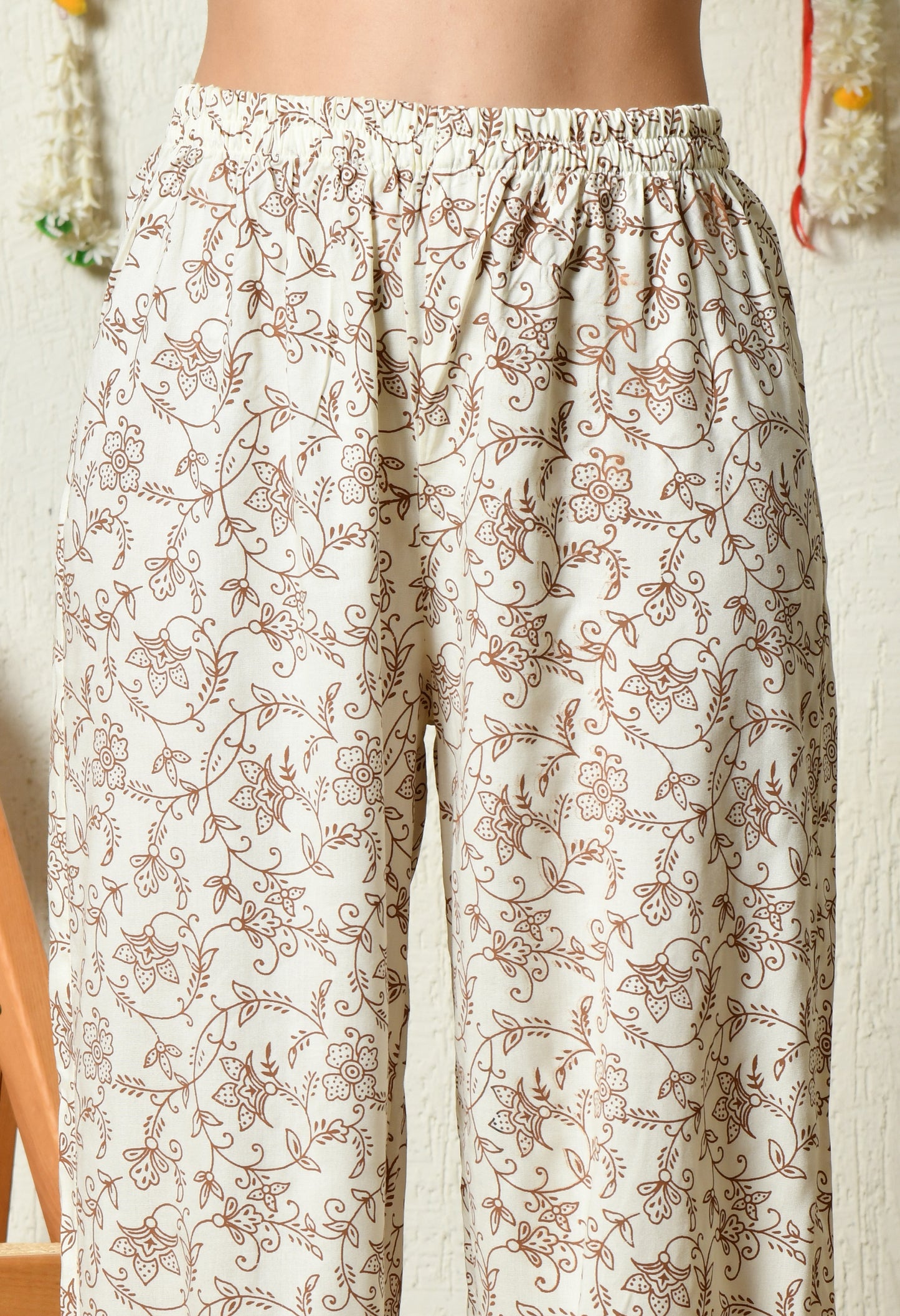 Off-White Brown Floral Vine Printed Rayon Kurta & Pant Set with Pocket