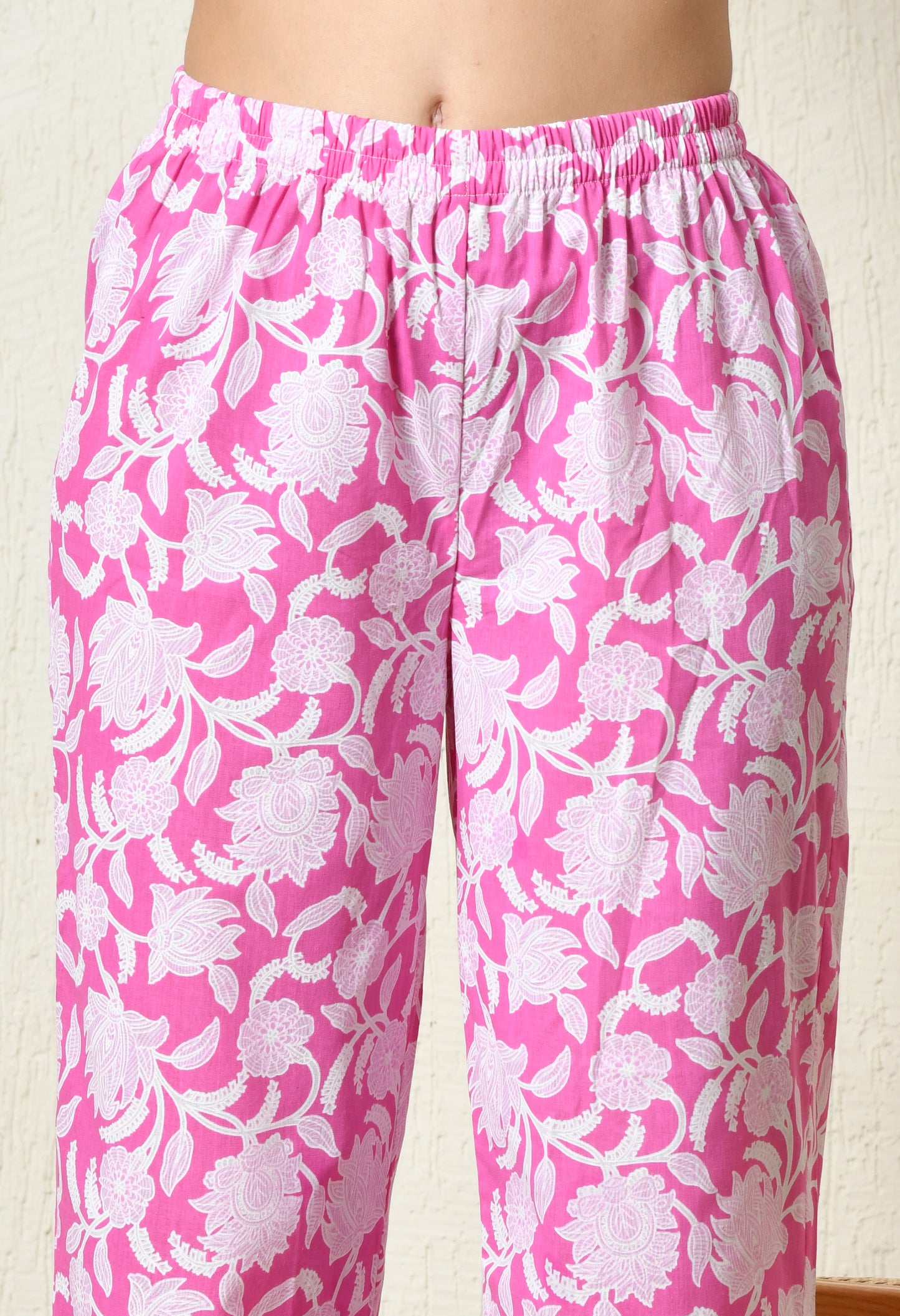 Rani Pink Floral Printed Rayon Kurta Set with Lace Sleeve & Hem Detailing