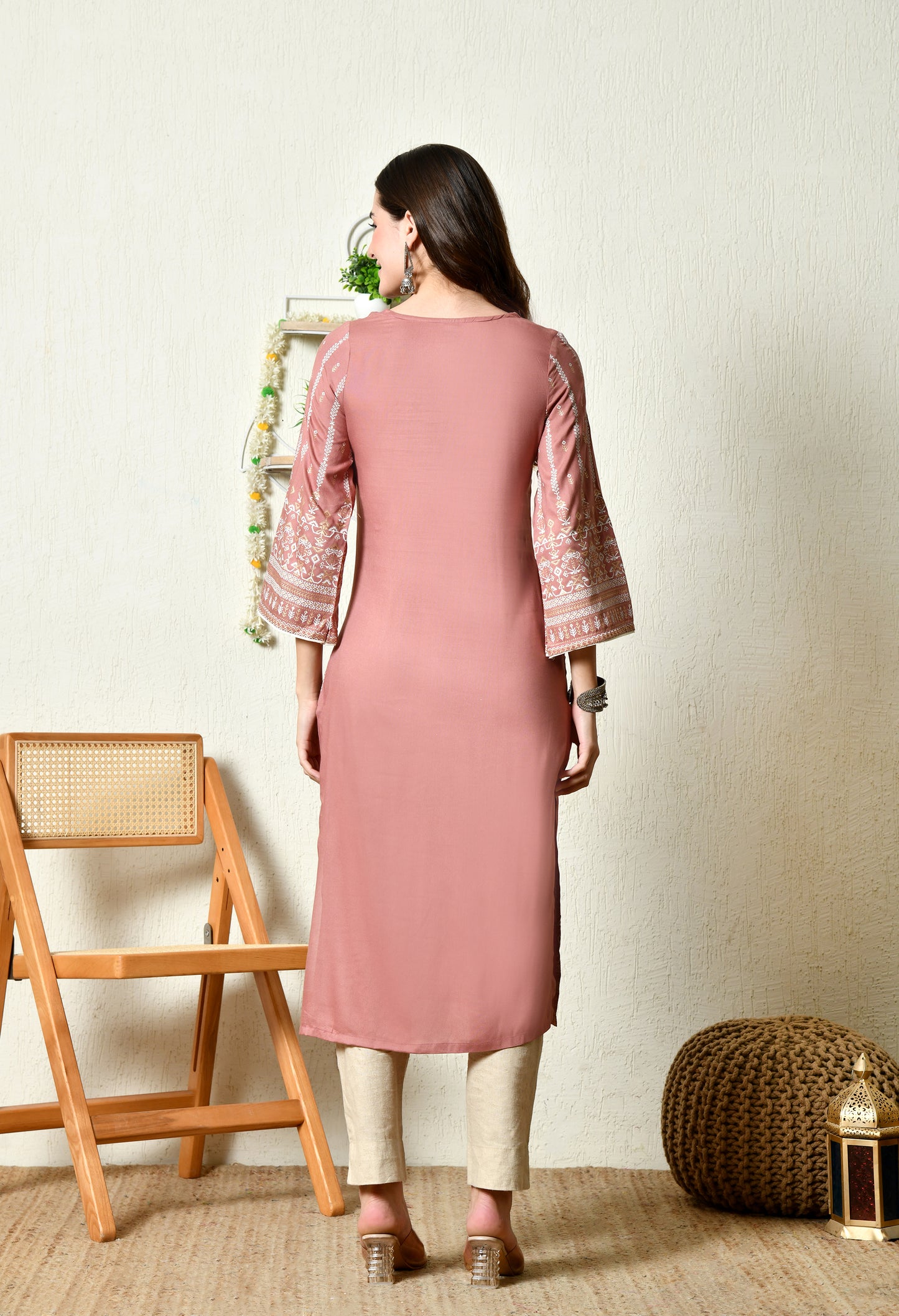 Dusty Rose Heritage Printed Rayon Kurta with Border Detailing & Pocket