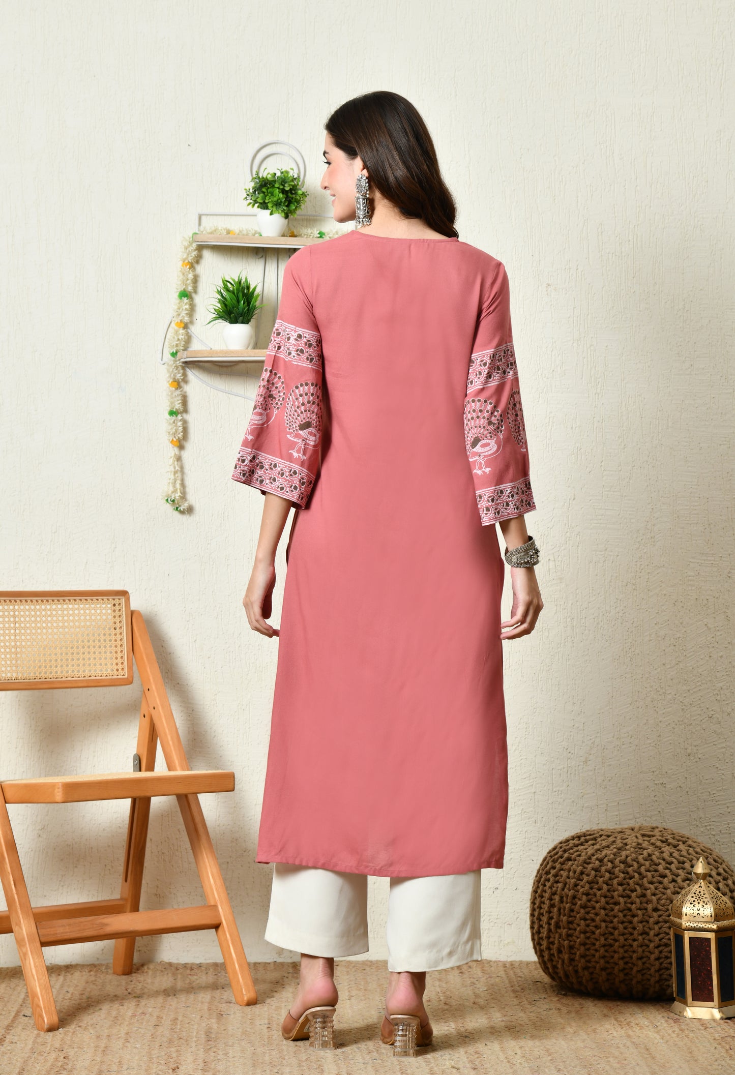 Terracotta Pink Elegant Peacock Motif Printed Rayon Kurta with Sleeve & Neck Detailing