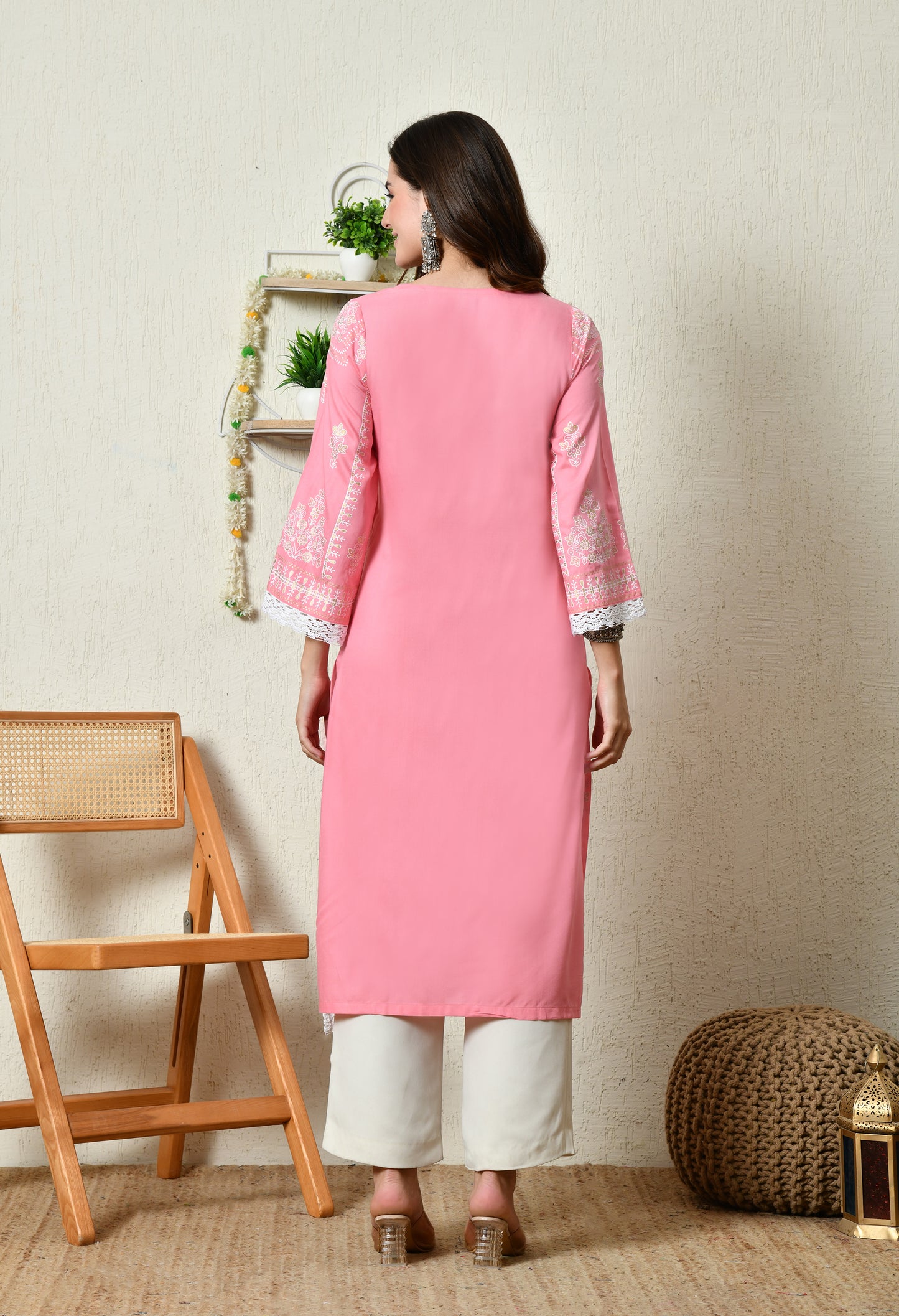 Coral Pink Elegant Floral Bouquet Motif Printed Rayon Kurta with Border & Lace Detailing