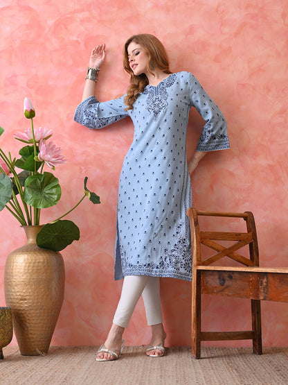 Dusty Blue Buti Printed Rayon Kurta with Border Detailing