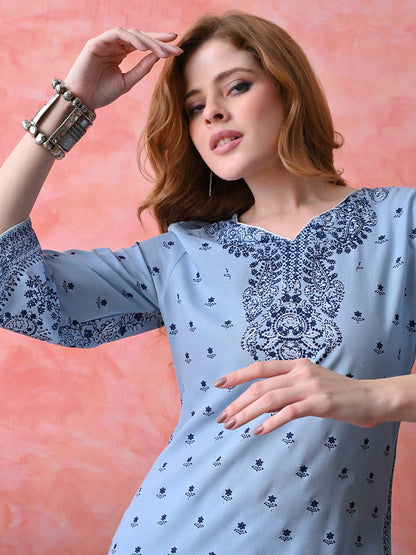Dusty Blue Buti Printed Rayon Kurta with Border Detailing