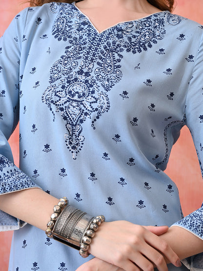 Dusty Blue Buti Printed Rayon Kurta with Border Detailing