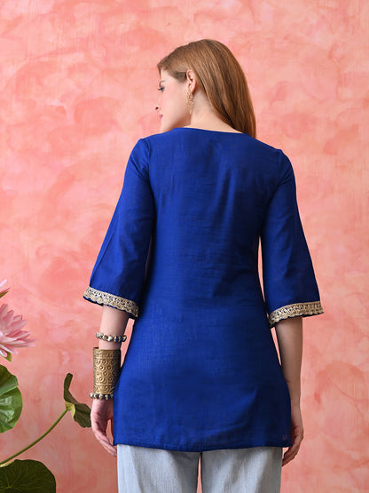 Solid Deep Blue  Cotton Short Kurta with Lace Neck & Sleeve Detailing