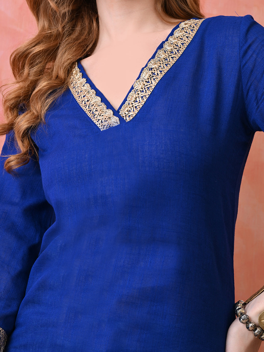 Solid Deep Blue  Cotton Short Kurta with Lace Neck & Sleeve Detailing