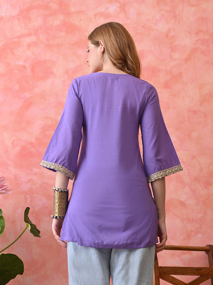 Solid Lavender Purple Cotton Short Kurta with Golden Lace Neck & Sleeve Detailing