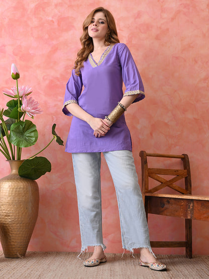 Solid Lavender Purple Cotton Short Kurta with Golden Lace Neck & Sleeve Detailing