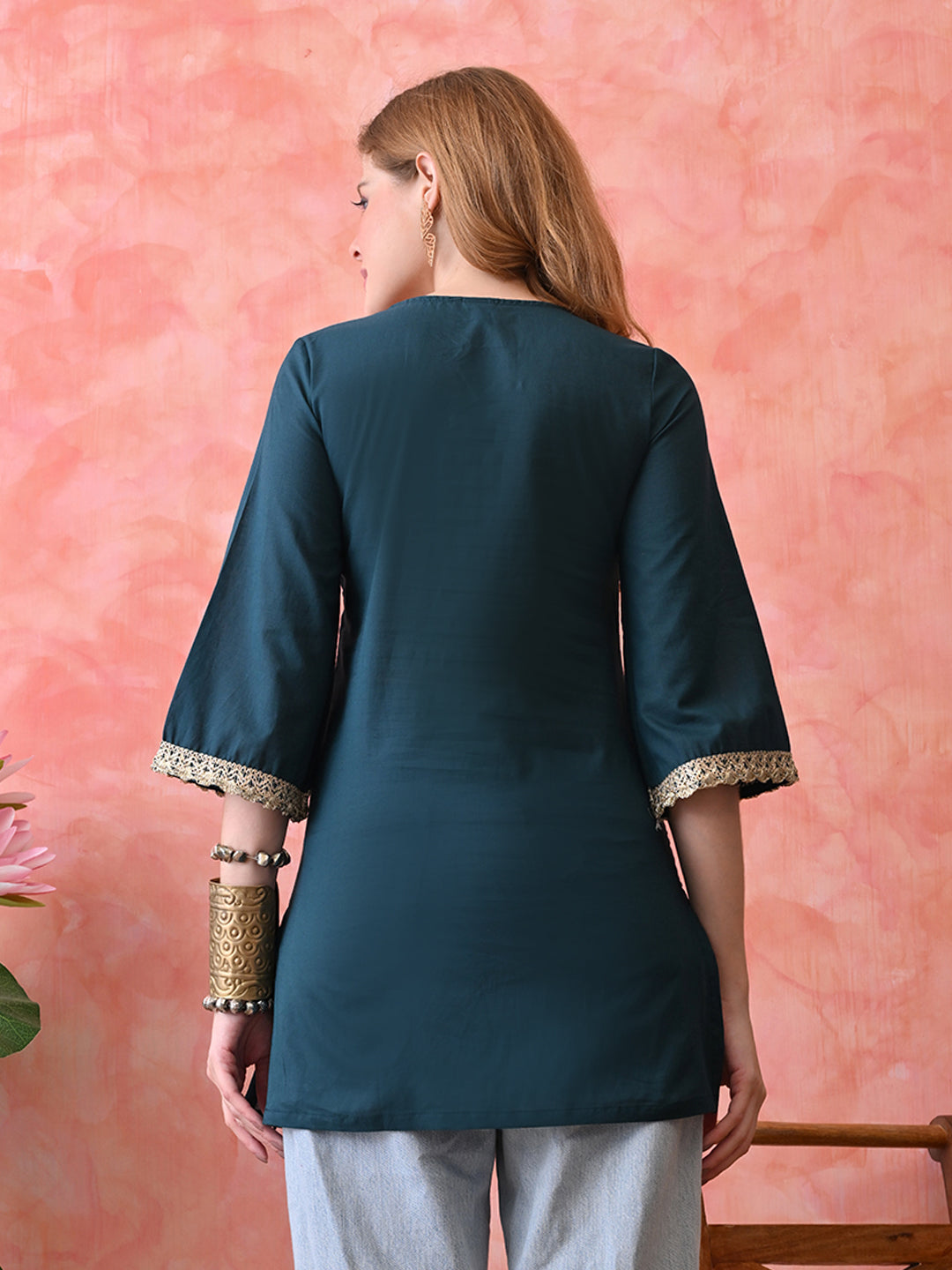 Solid Peacock Blue Cotton Short Kurta with Lace Detailing