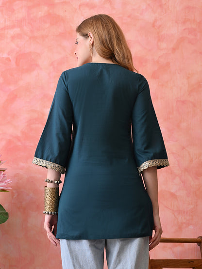 Solid Peacock Blue Cotton Short Kurta with Lace Detailing