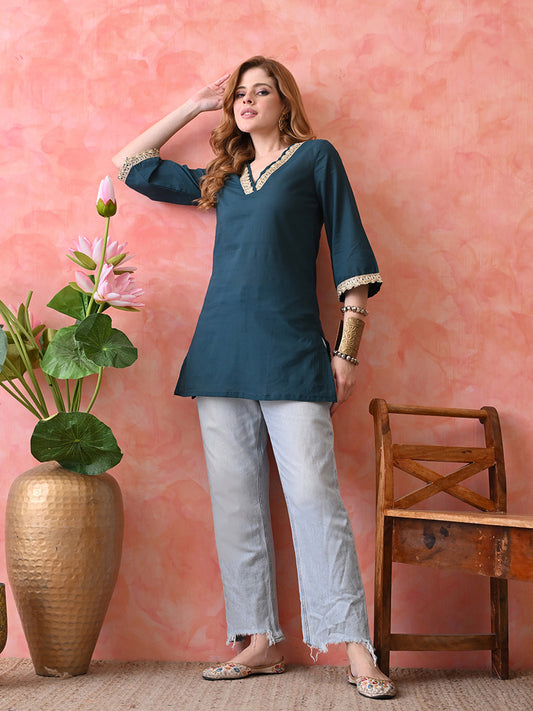 Solid Peacock Blue Cotton Short Kurta with Lace Detailing