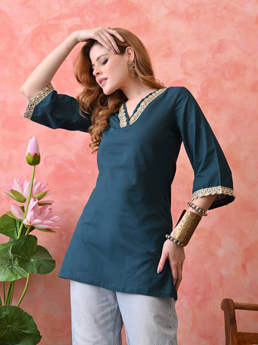 Solid Peacock Blue Cotton Short Kurta with Lace Detailing