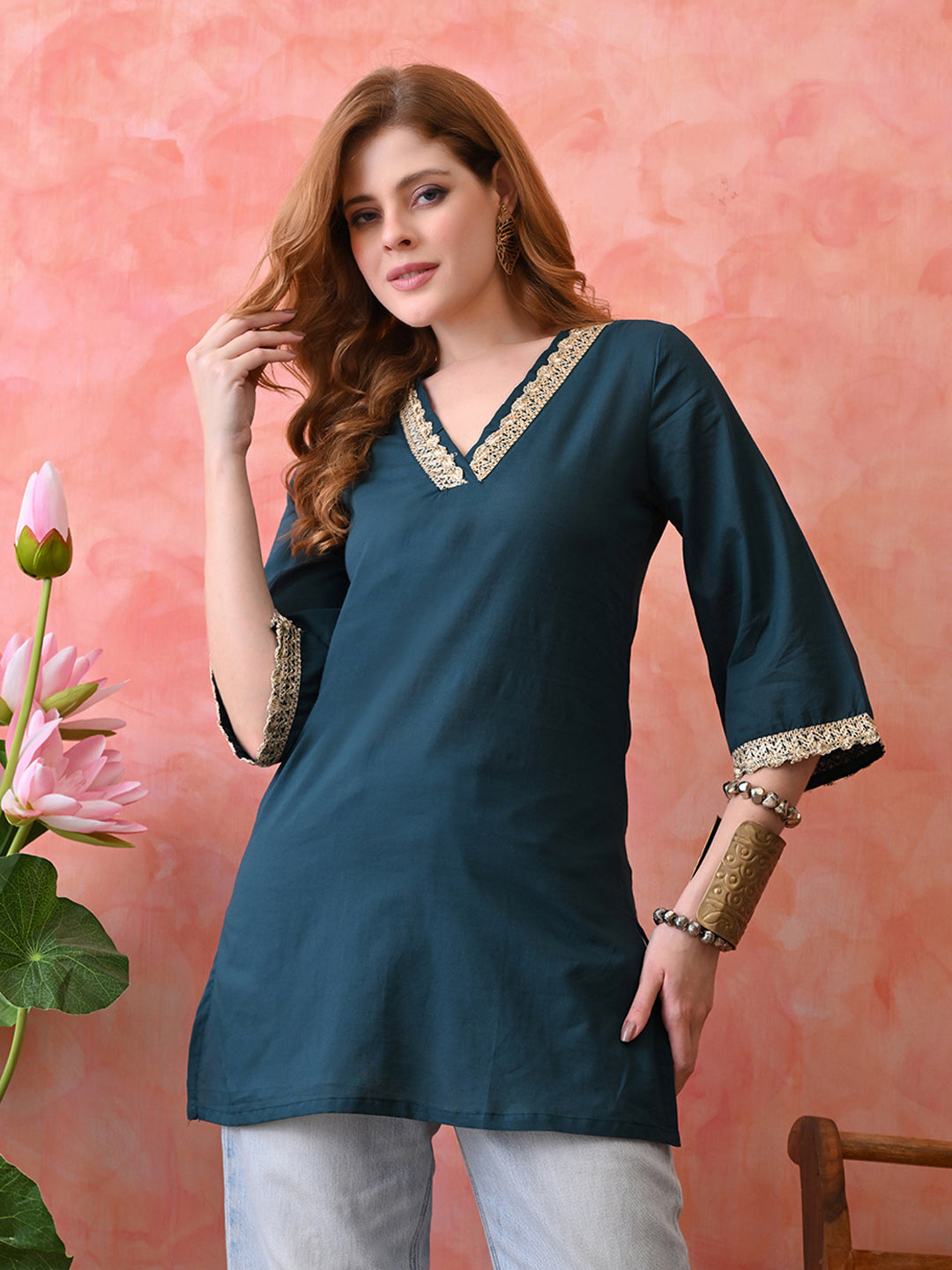 Solid Peacock Blue Cotton Short Kurta with Lace Detailing
