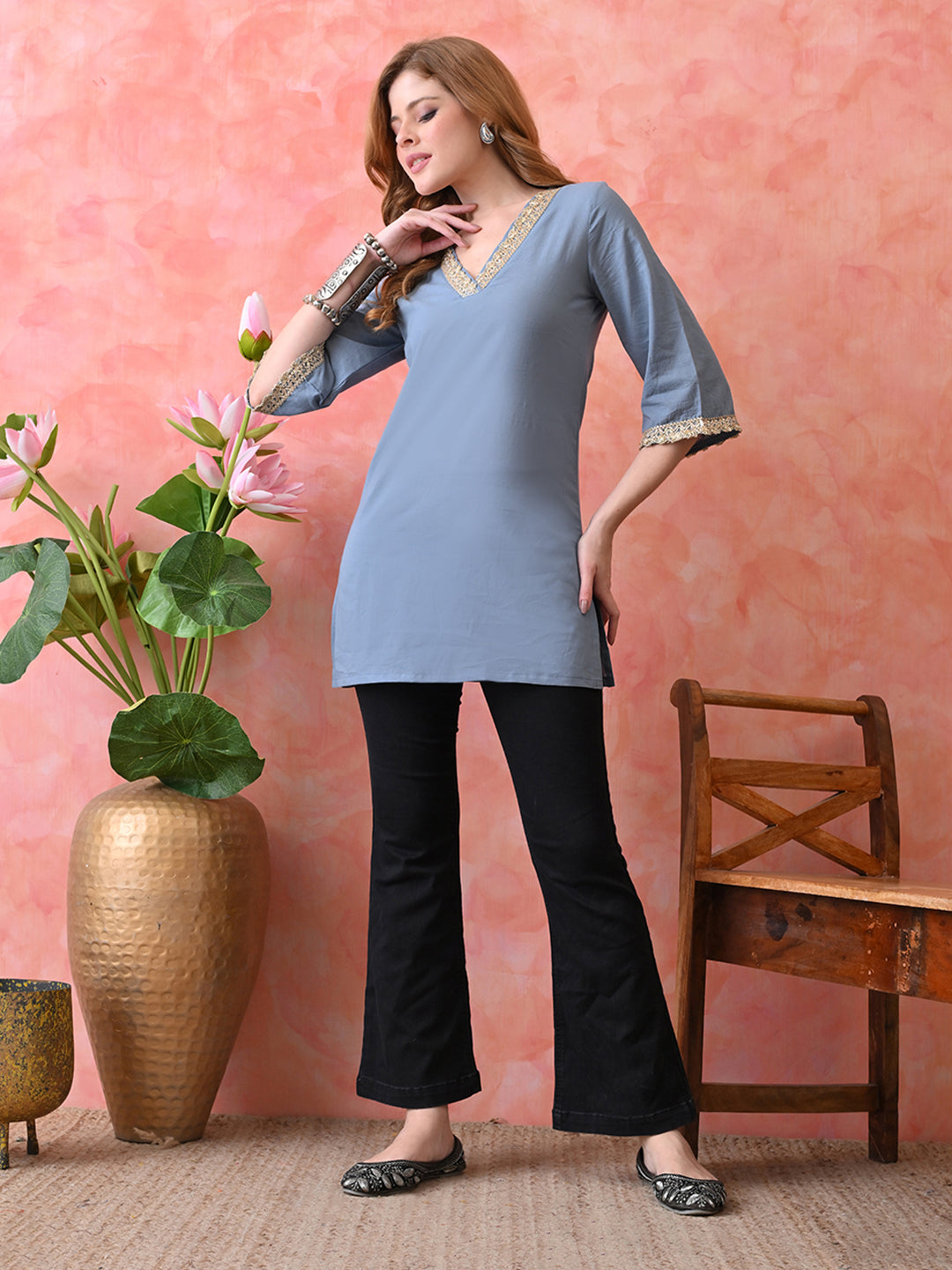 Solid Grey Cotton Short Kurta with Golden Lace Neck & Sleeve Detailing