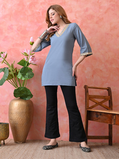 Solid Grey Cotton Short Kurta with Golden Lace Neck & Sleeve Detailing