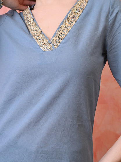 Solid Grey Cotton Short Kurta with Golden Lace Neck & Sleeve Detailing