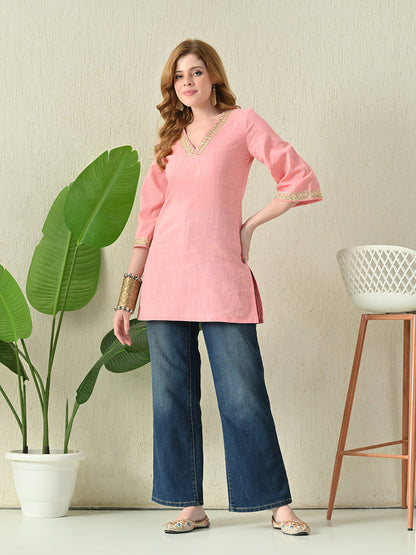 Solid Blush Pink Cotton Short Kurta with Golden Lace Neck & Sleeve Detailing