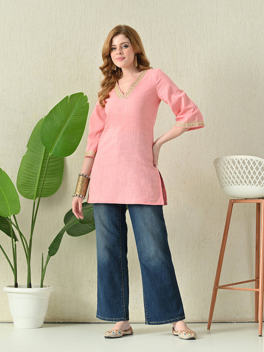 Solid Blush Pink Cotton Short Kurta with Golden Lace Neck & Sleeve Detailing