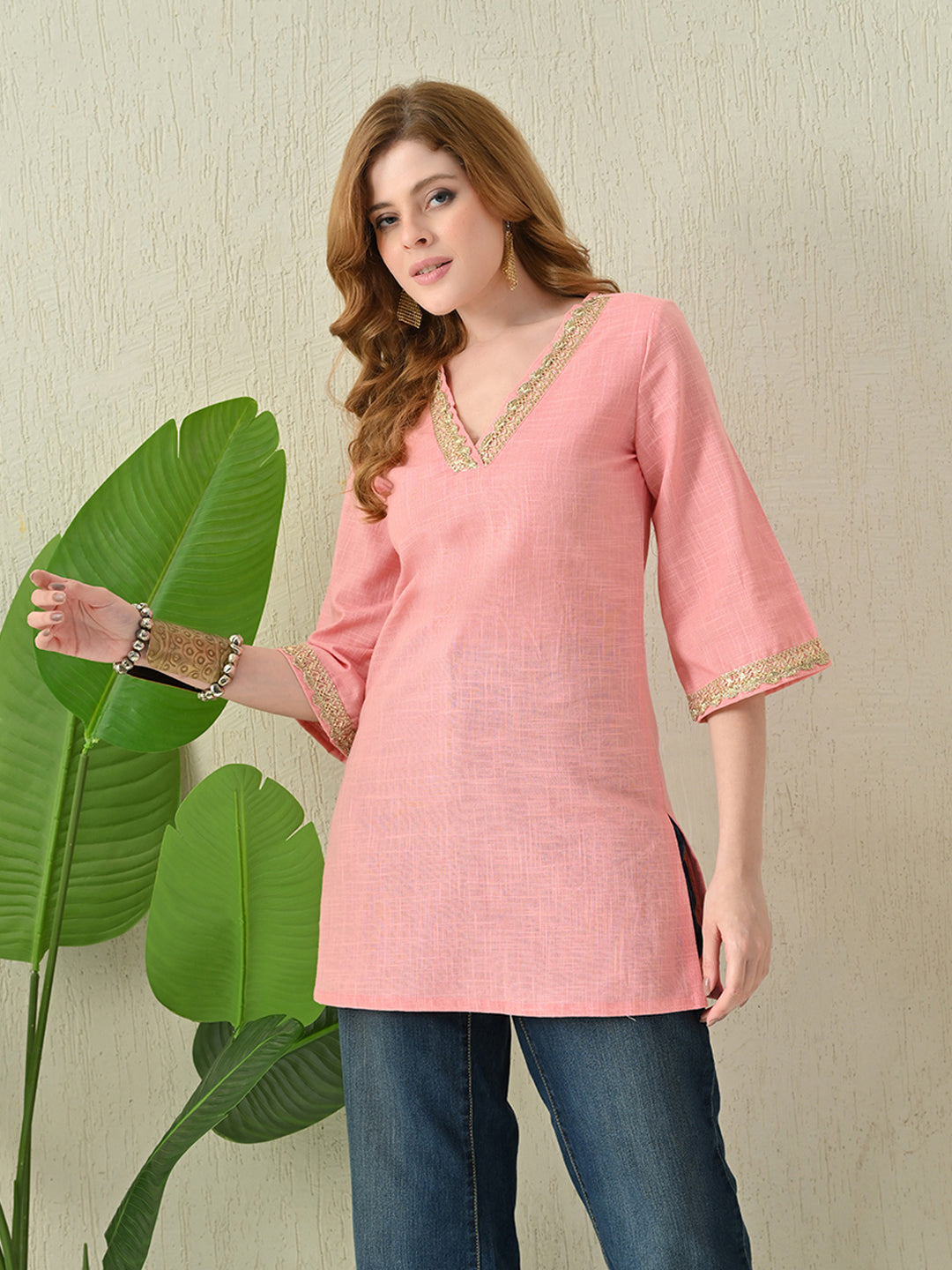 Solid Blush Pink Cotton Short Kurta with Golden Lace Neck & Sleeve Detailing