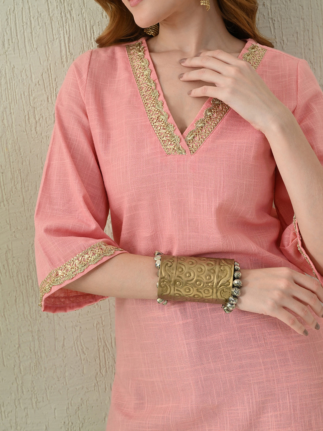 Solid Blush Pink Cotton Short Kurta with Golden Lace Neck & Sleeve Detailing