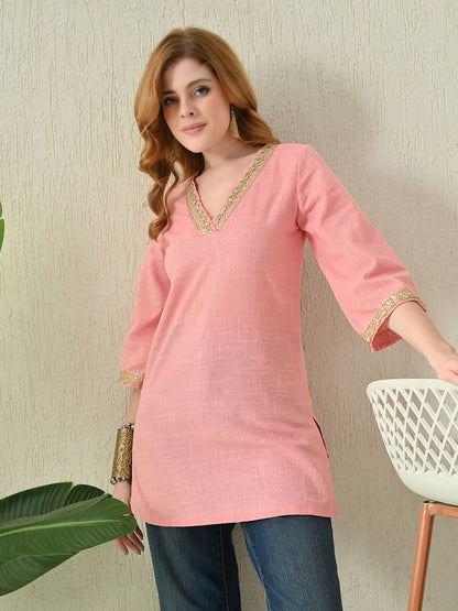 Solid Blush Pink Cotton Short Kurta with Golden Lace Neck & Sleeve Detailing