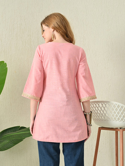 Solid Blush Pink Cotton Short Kurta with Golden Lace Neck & Sleeve Detailing