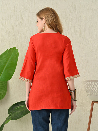 Solid Classic Red Cotton Short Kurta with Golden Lace Neck & Sleeve Detailing