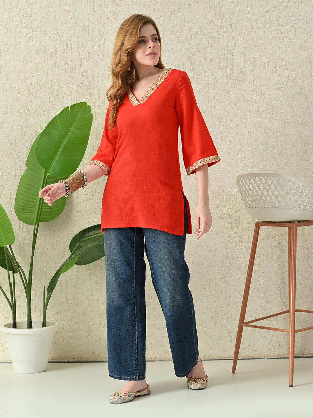 Solid Classic Red Cotton Short Kurta with Golden Lace Neck & Sleeve Detailing