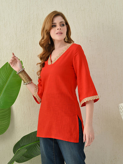 Solid Classic Red Cotton Short Kurta with Golden Lace Neck & Sleeve Detailing