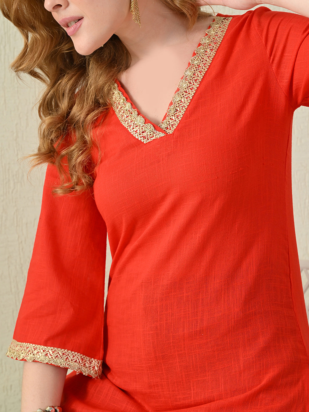 Solid Classic Red Cotton Short Kurta with Golden Lace Neck & Sleeve Detailing