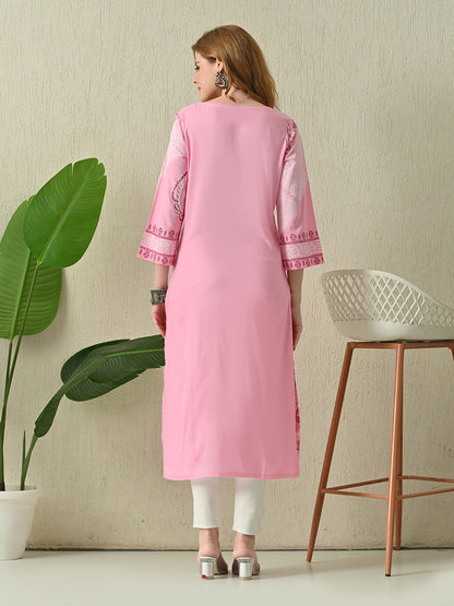 Soft Rose Pink Diagonal Printed Rayon Kurta with Border Detailing