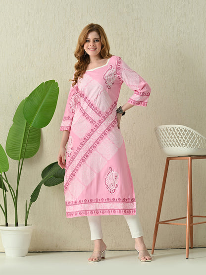 Soft Rose Pink Diagonal Printed Rayon Kurta with Border Detailing