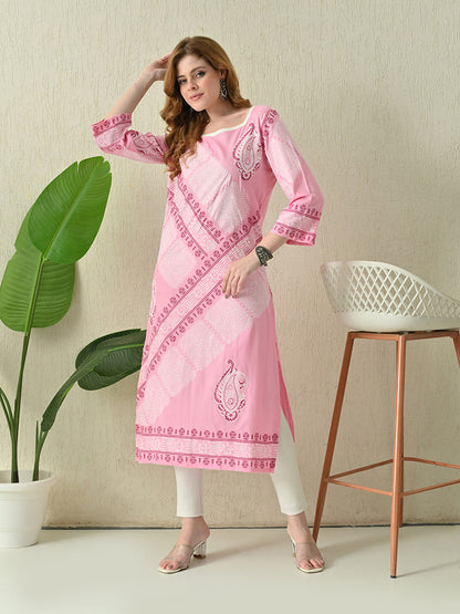 Soft Rose Pink Diagonal Printed Rayon Kurta with Border Detailing