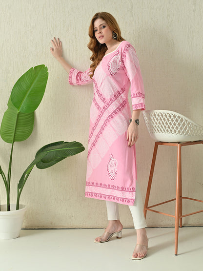 Soft Rose Pink Diagonal Printed Rayon Kurta with Border Detailing