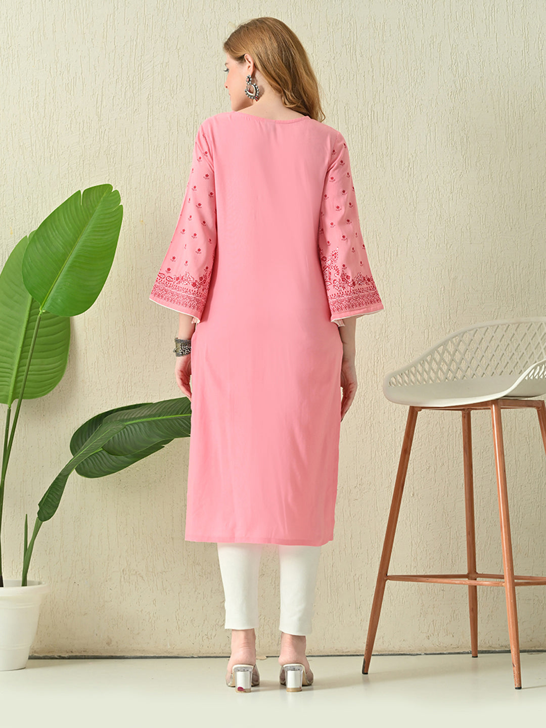 Coral Pink Buti Printed Rayon Kurta with Border Detailing