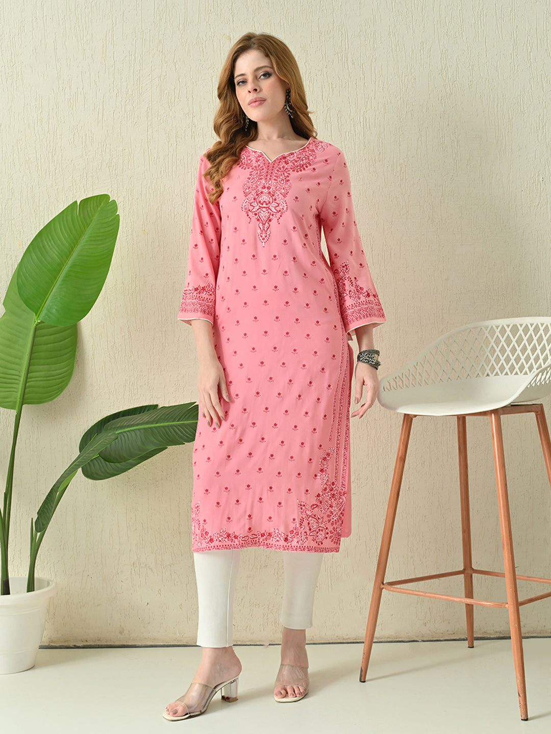 Coral Pink Buti Printed Rayon Kurta with Border Detailing