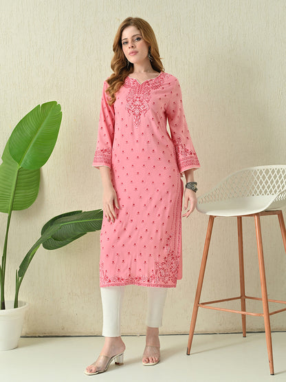 Coral Pink Buti Printed Rayon Kurta with Border Detailing